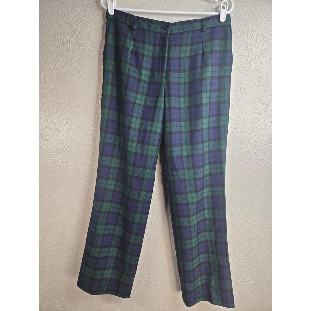 Pendleton Plaid Pants 10 Petite Blue Green 100% Virgin Wool Trouser Preppy Retro